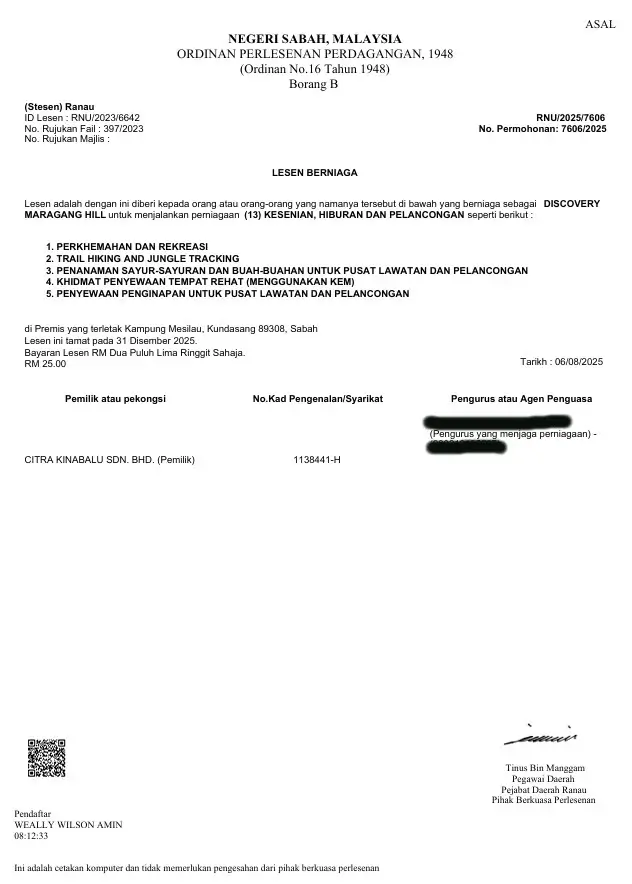 Official permit letter for Discovery Maragang Hill trekking expedition issued by Malaysian forestry department